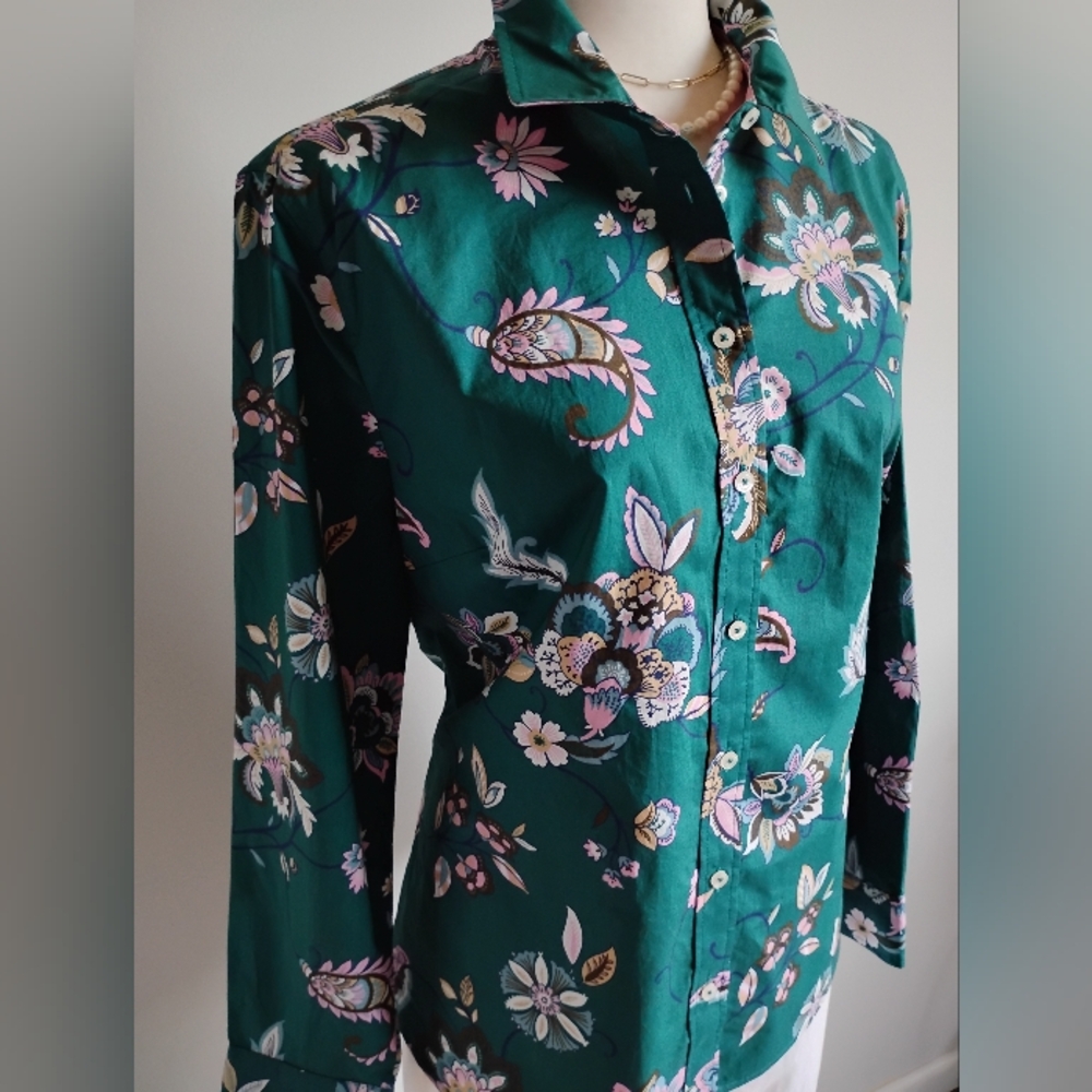Talbots Petite Cotton Button Down Shirt Green Pink Paisley Floral Colorful  XLP - Picture 6 of 16